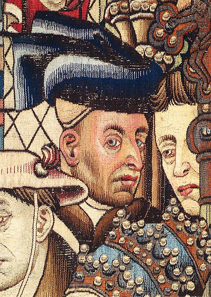 detail from the The Justice of Trajan and Herkinbald tapestry, dating from around 1450, in the Historical Museum of Bern after van der Weyden.jpg
