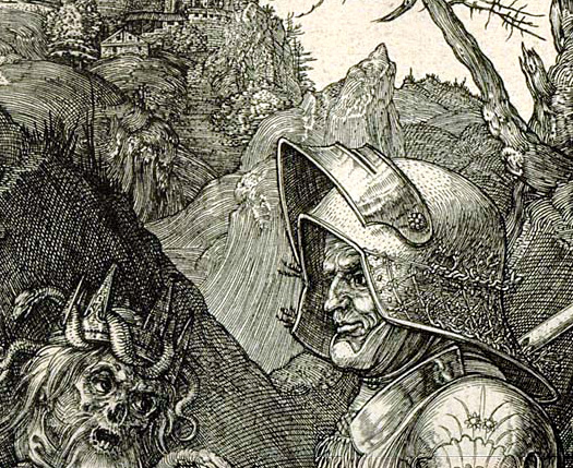 Detail of sallet and fringed hood from Durer's Knight, Death, and Devil.jpg