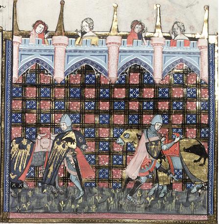 knights preparing to joust-detail from Romance of Alexander.JPG