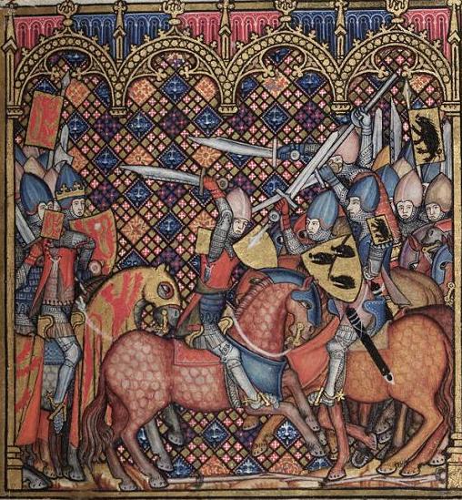 Romance of Alexander knights on horseback with falchions.JPG