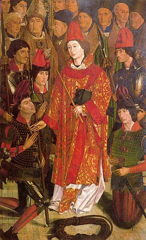 St Vincent, Nuno Goncalves 1465 showing arming doublet and strapped hosen.jpg